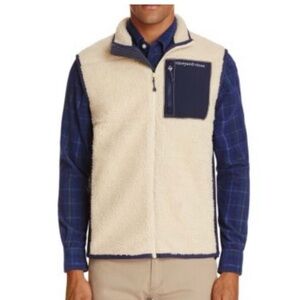 Vineyard Vines Men's Sherpa Zip Vest with Contrast Pocket - Cream/Navy